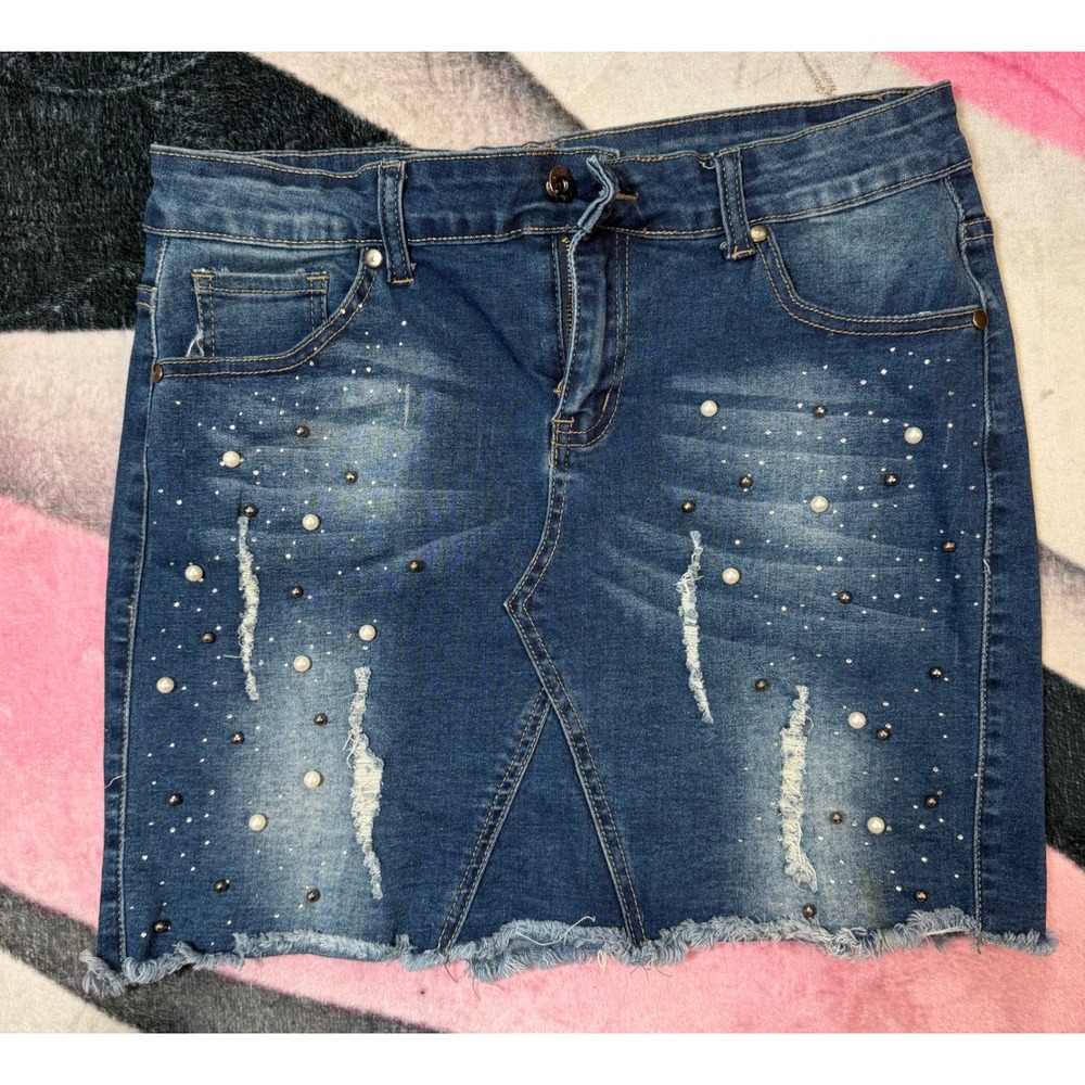 The Style Between Us Distressed Denim Mini Skirt Pearl Studded Frayed Hem XL
